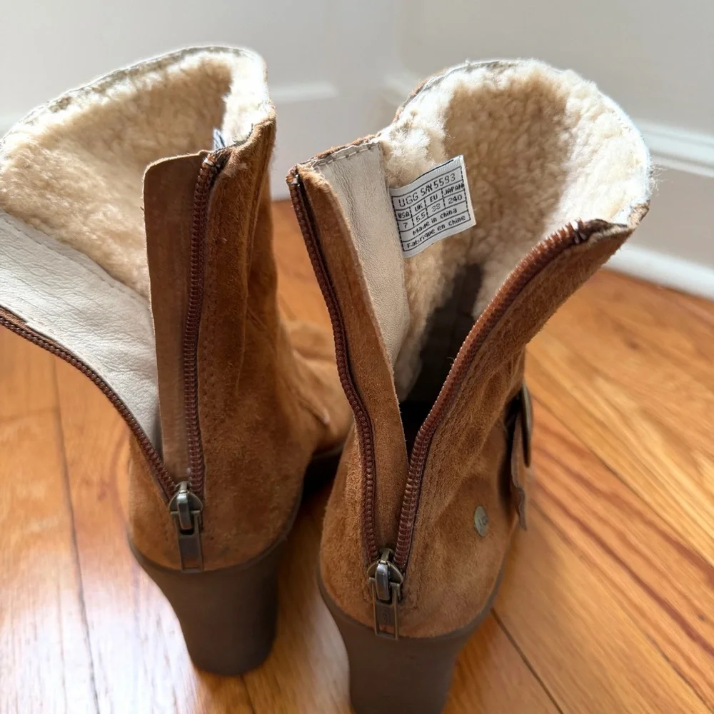 UGG Gisella Brown Suede Buckle Wedge Shearling Mid Calf Back Zip Boots Size 7
